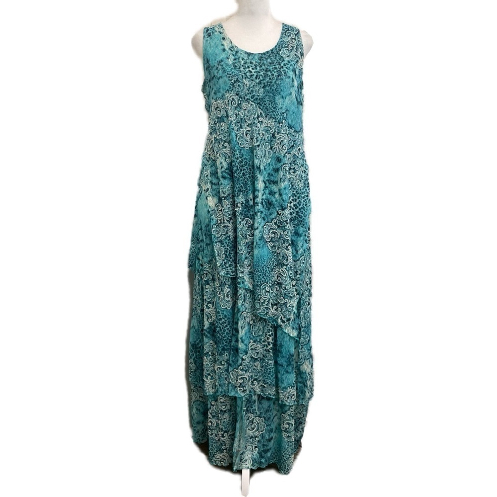 Serendipity Vintage Blue Animal Print Floral Lace Mesh Beaded Layered Maxi Dress